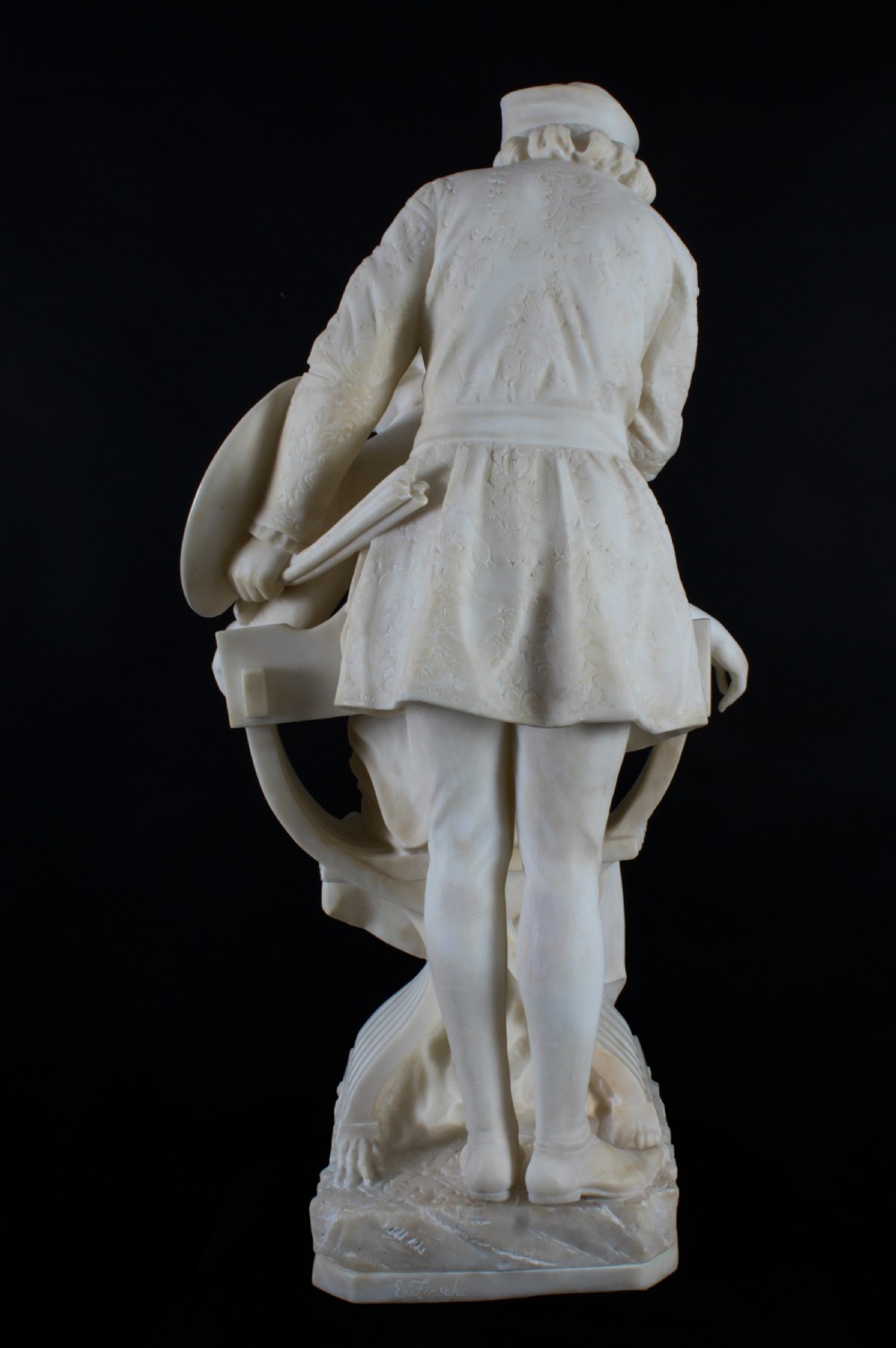 A 19th-century white carved alabaster sculpture depicting a seated female figure in drapery with a male figure standing behind her. View XXI