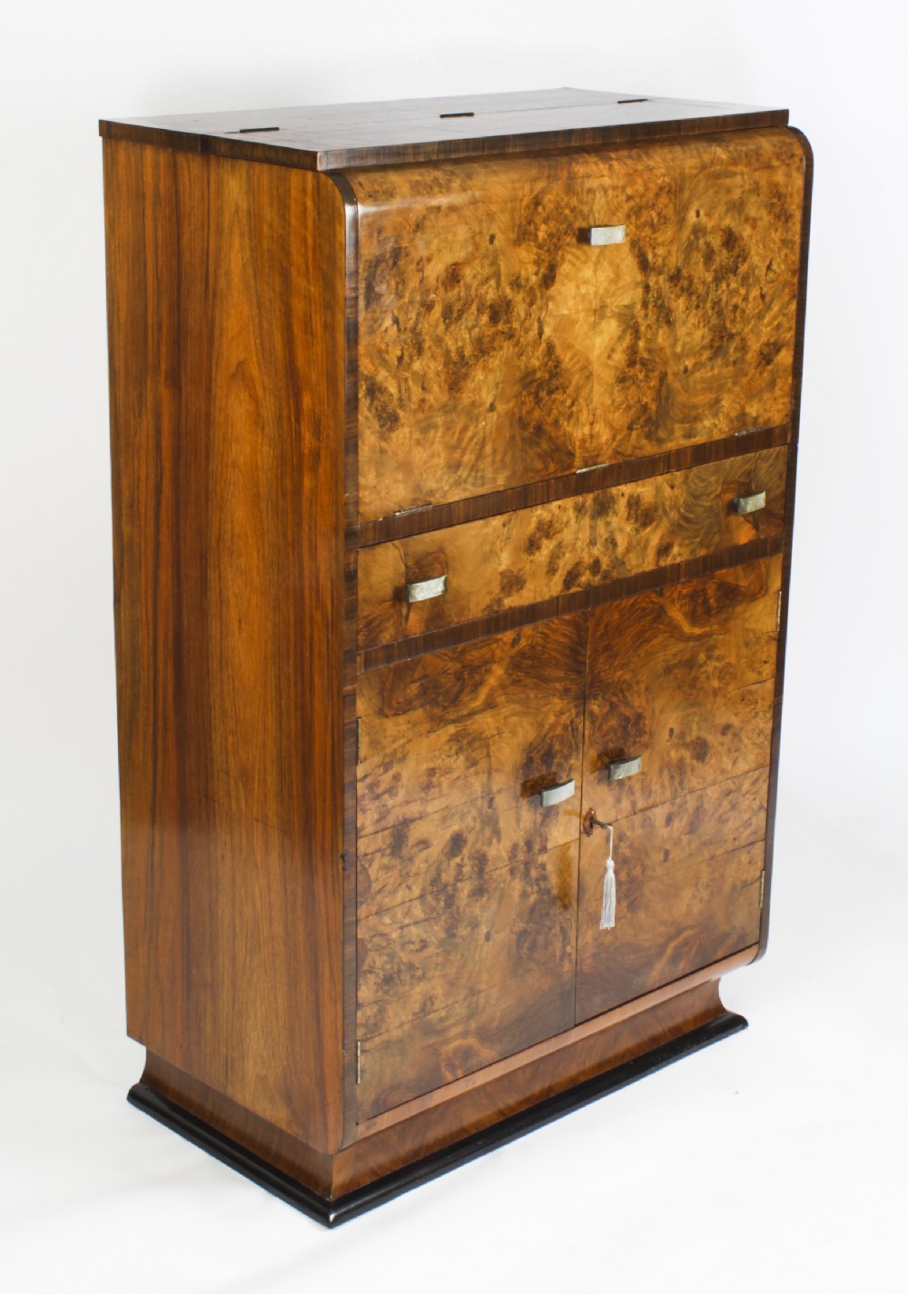 Antique Art Deco Burr Walnut Cocktail Cabinet Dry Bar & Glassware c.1920
