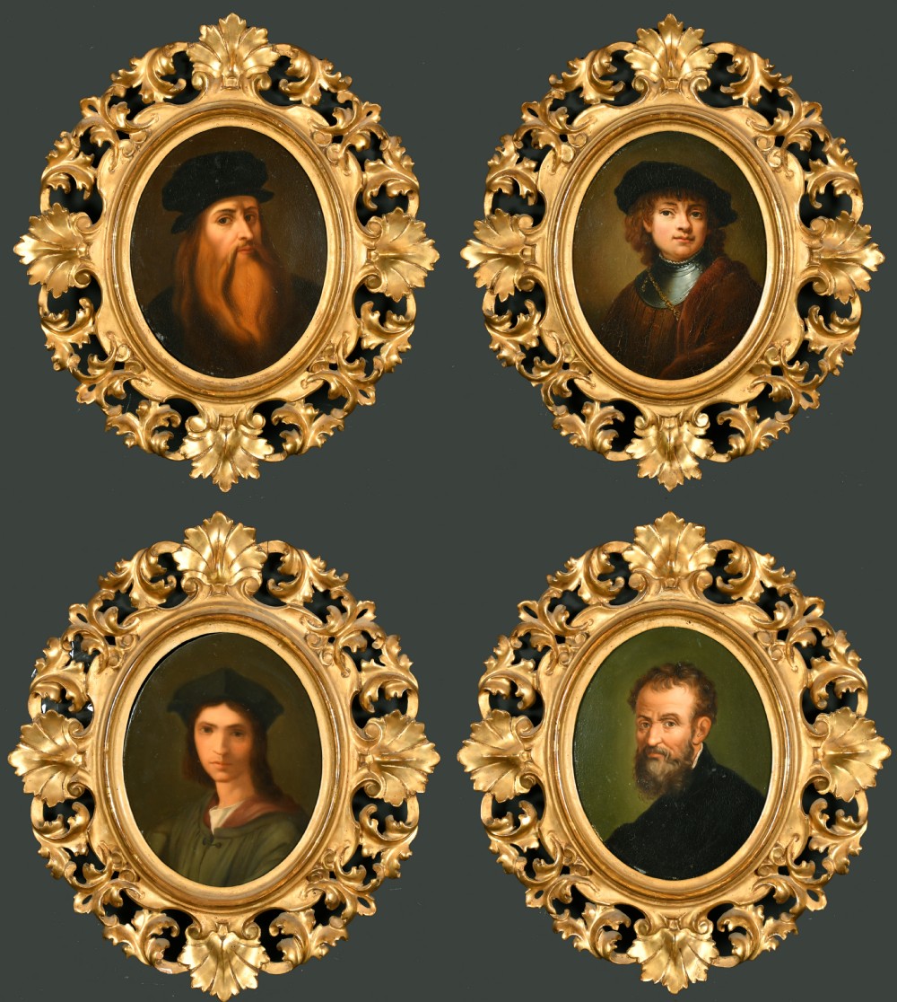 Antique Set of 4 Old Master Portraits Carved Giltwood Florentine Frames 19th C
