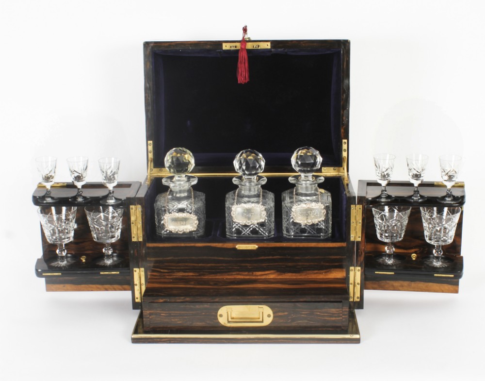 Antique Coromandel Three Crystal Decanter Tantalus C1880 19th Century
