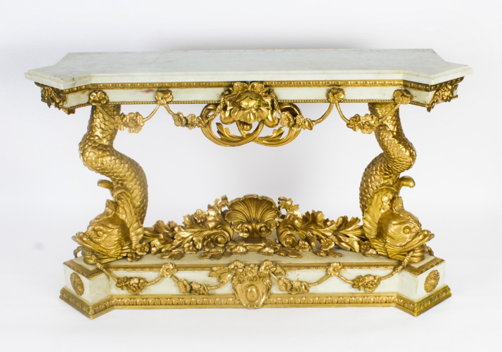Antique Painted & Gilded Dolphins Console Pier Table c.1890
