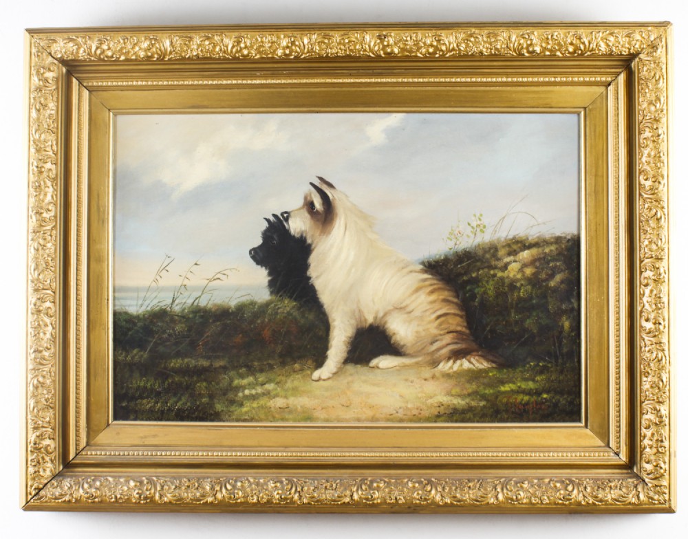Antique Oil Painting Two Terriers by J. Langlois 19th C
