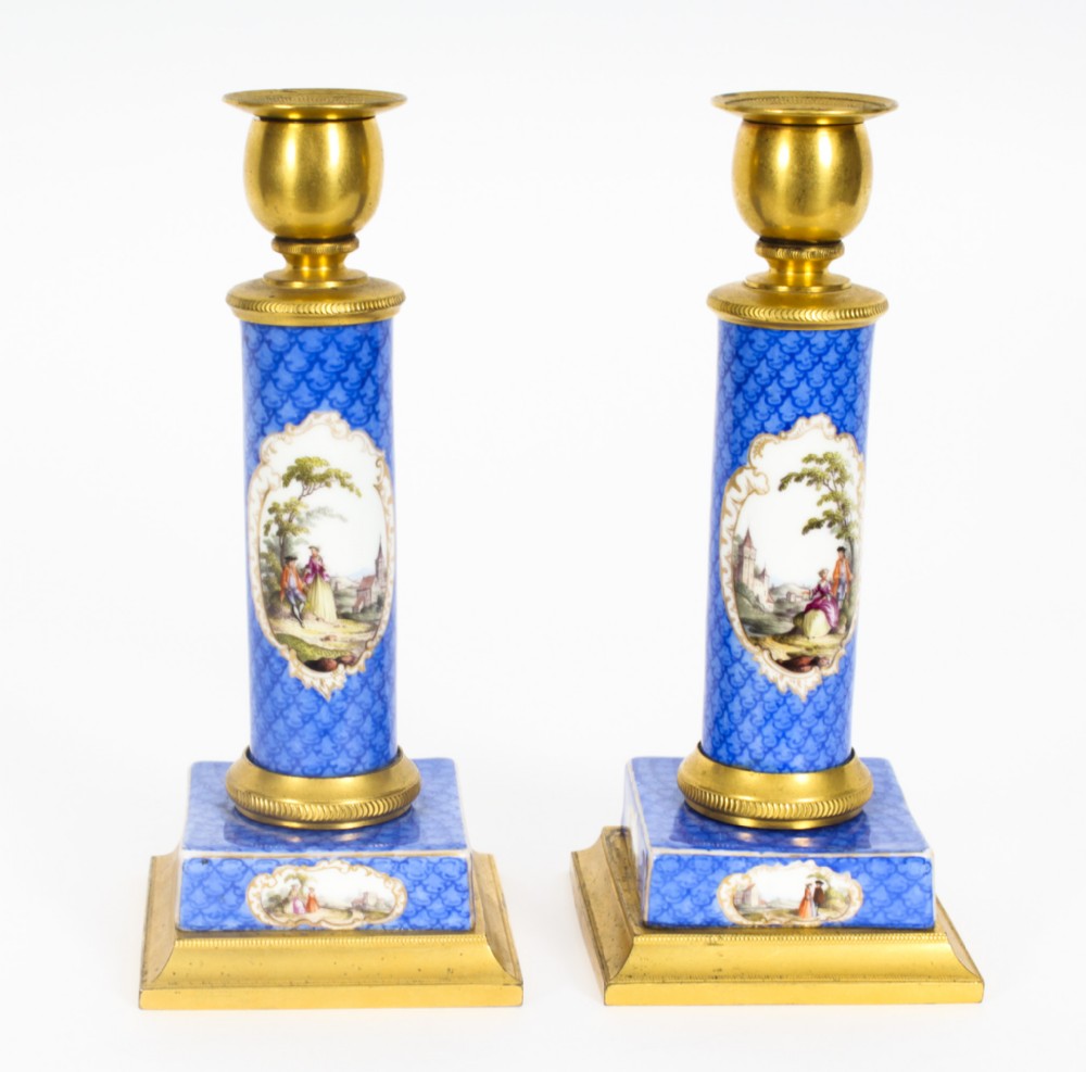 Antique Pair Sevres Porcelain Mounted Ormolu Candlesticks c.1870 19th C
