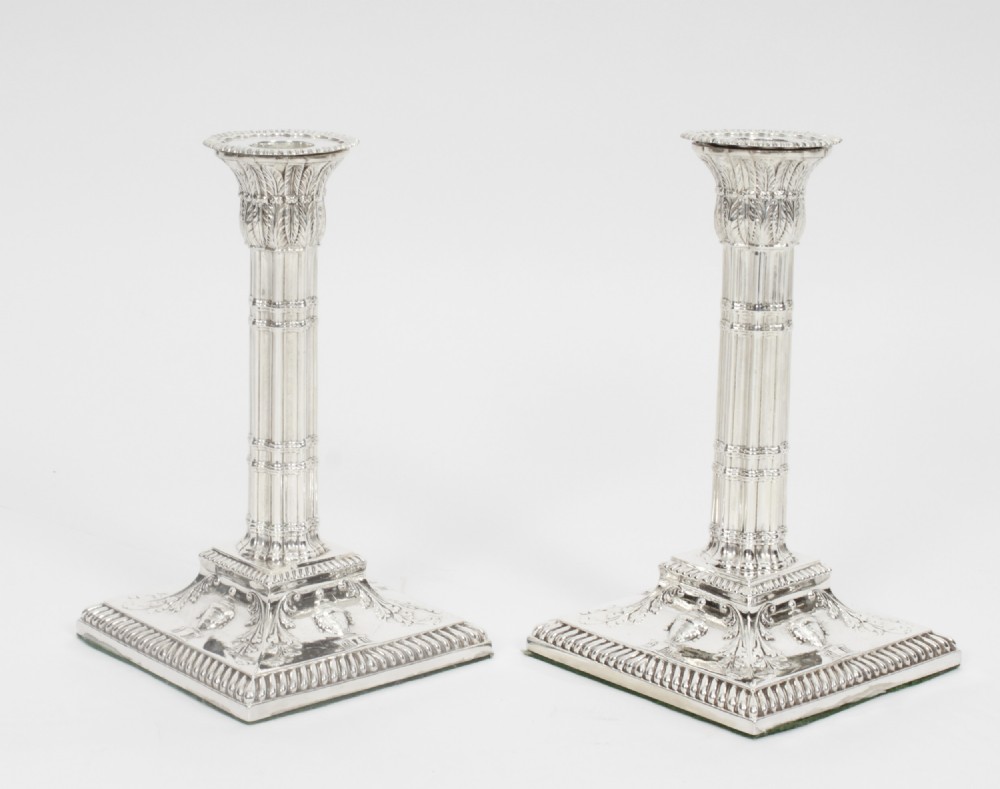Antique Pair Adam Revival Silver Plated Candlesticks 19th C
