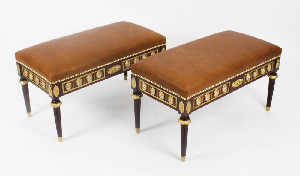 Antique Pair Ormolu Mounted Leather Ottomans Window Seats Stools Circa 1900
