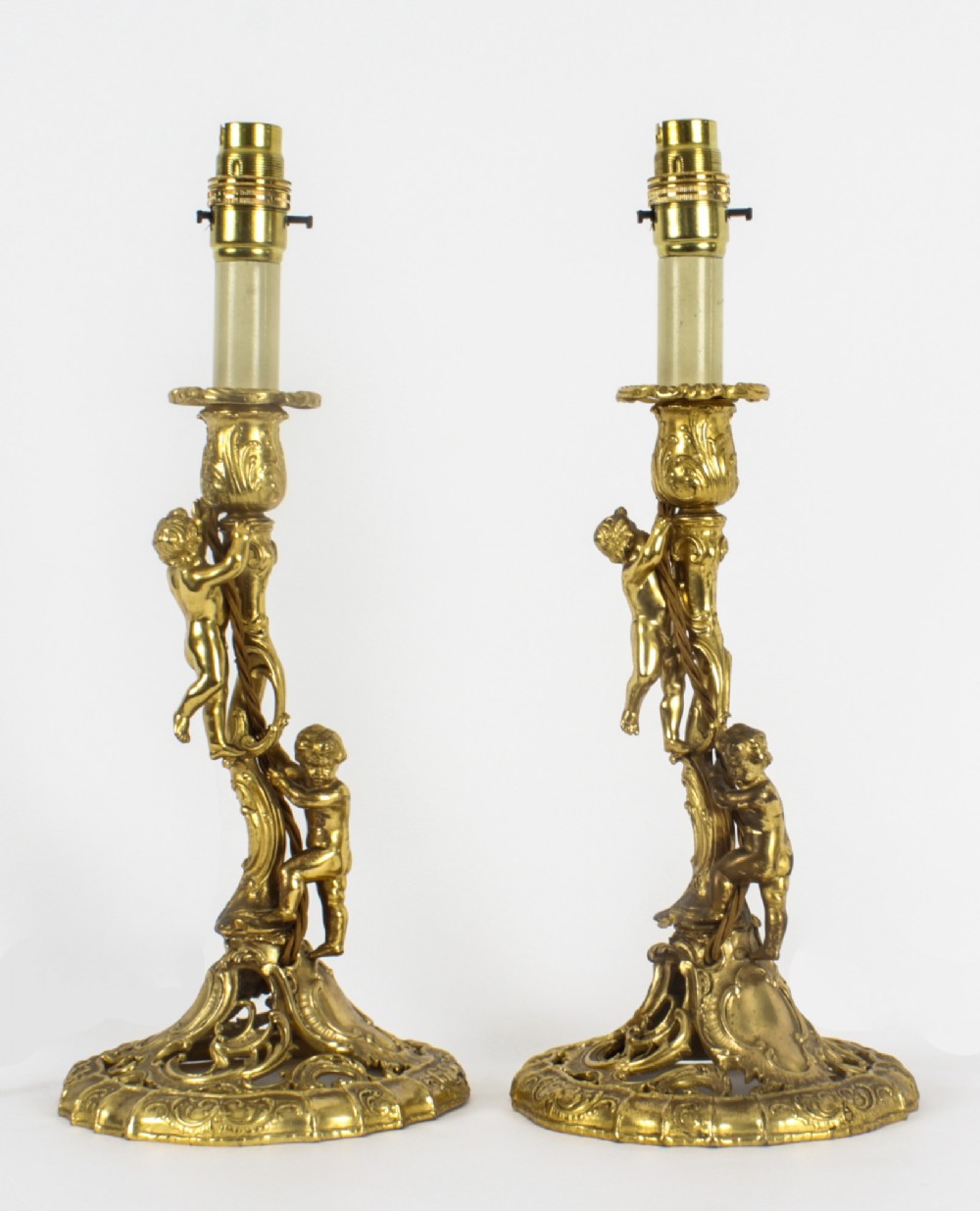 Antique Pair French Ormolu Rococo Cherub Table Lamps C1870 19th C
