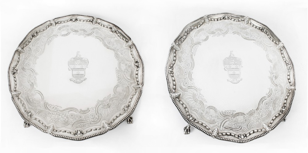 Antique Pair Sterling Silver Salvers by John Carter 1772 18th C
