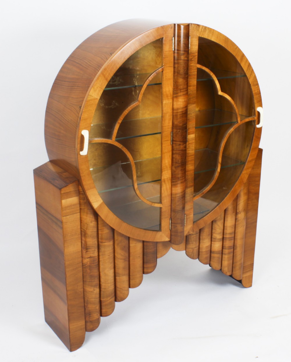 Antique Art Deco Figured Walnut Rocket Display Cabinet c.1920

