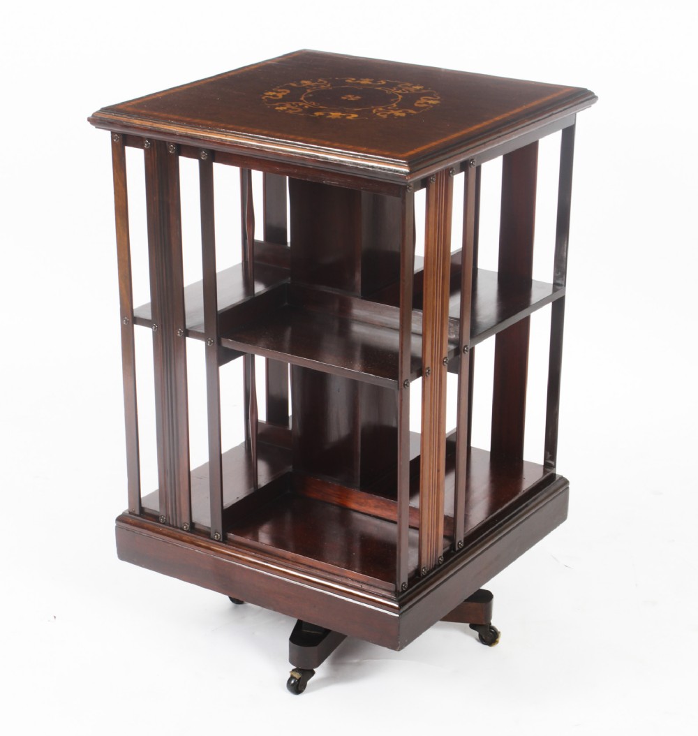 Antique Victorian Marquetry Inlaid Revolving Bookcase 19th C
