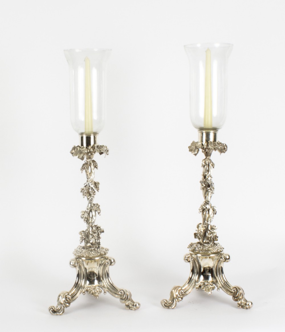 Antique Pair Victorian Silver Plated Storm Lantern Candle Sticks 19th C
