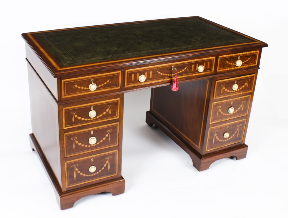 Antique Victorian Inlaid Mahogany Pedestal Desk by Edwards & Roberts 19th C
