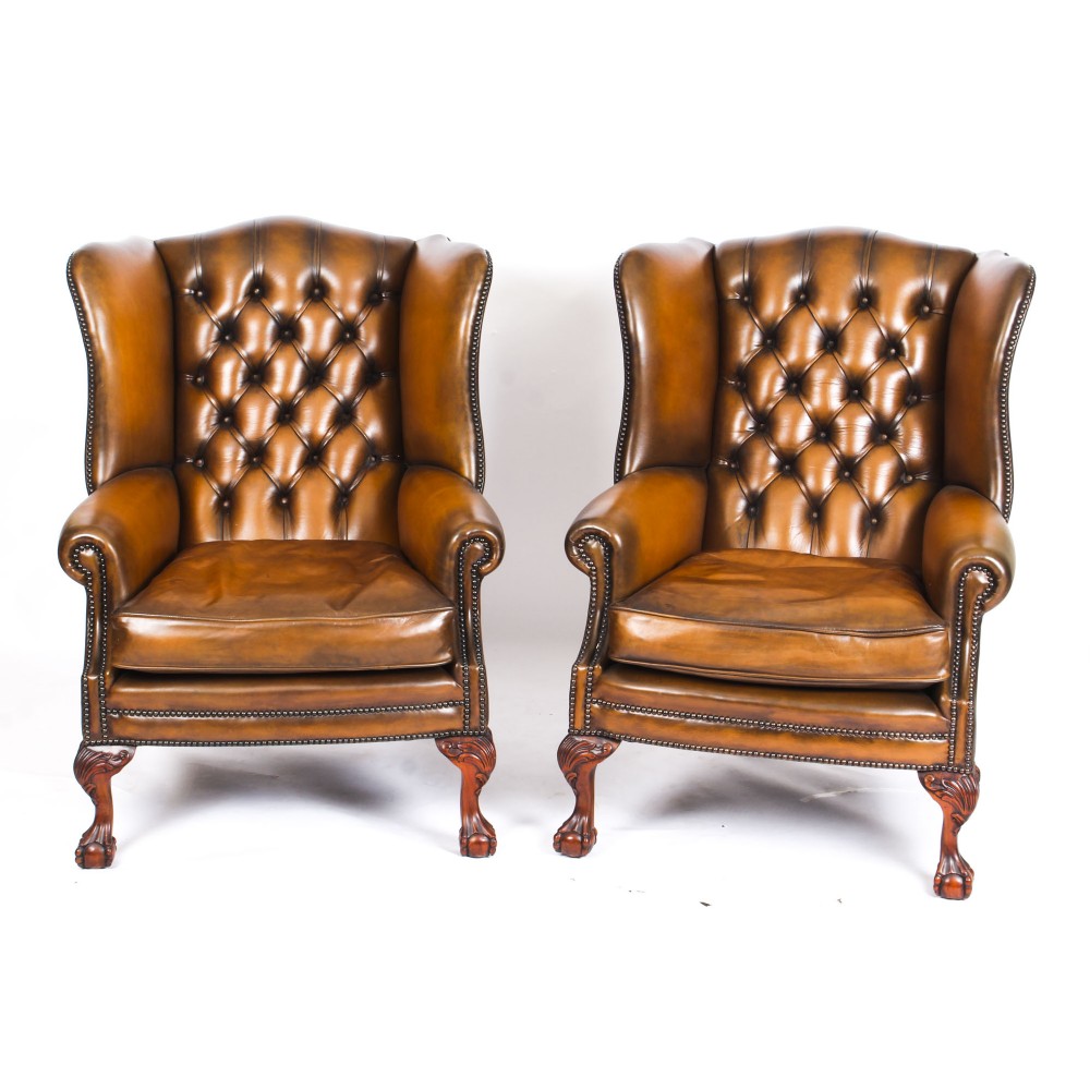 Antique Pair Leather Chippendale Wingback Armchairs c.1920

