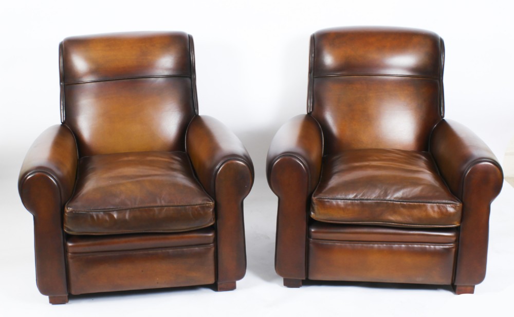 Antique Pair Leather Club Armchairs Tan Circa 1900
