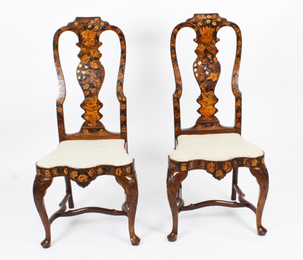 Antique Pair Dutch Marquetry Walnut High Back Side Chairs Late 18th C
