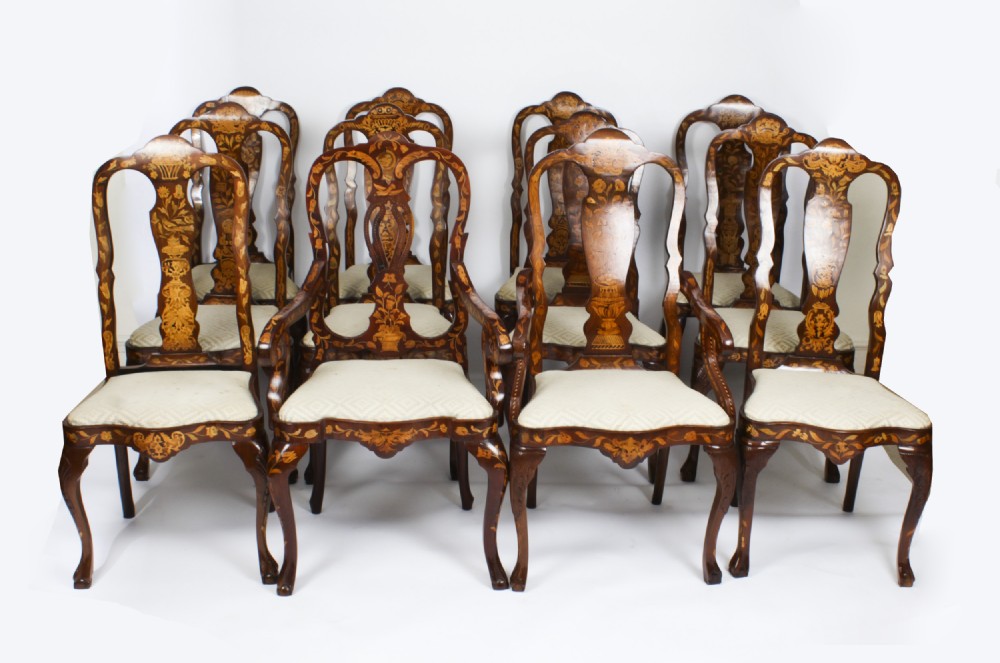 Antique Set 12 Dutch Marquetry Walnut High Back Dining Chairs Late 18th C
