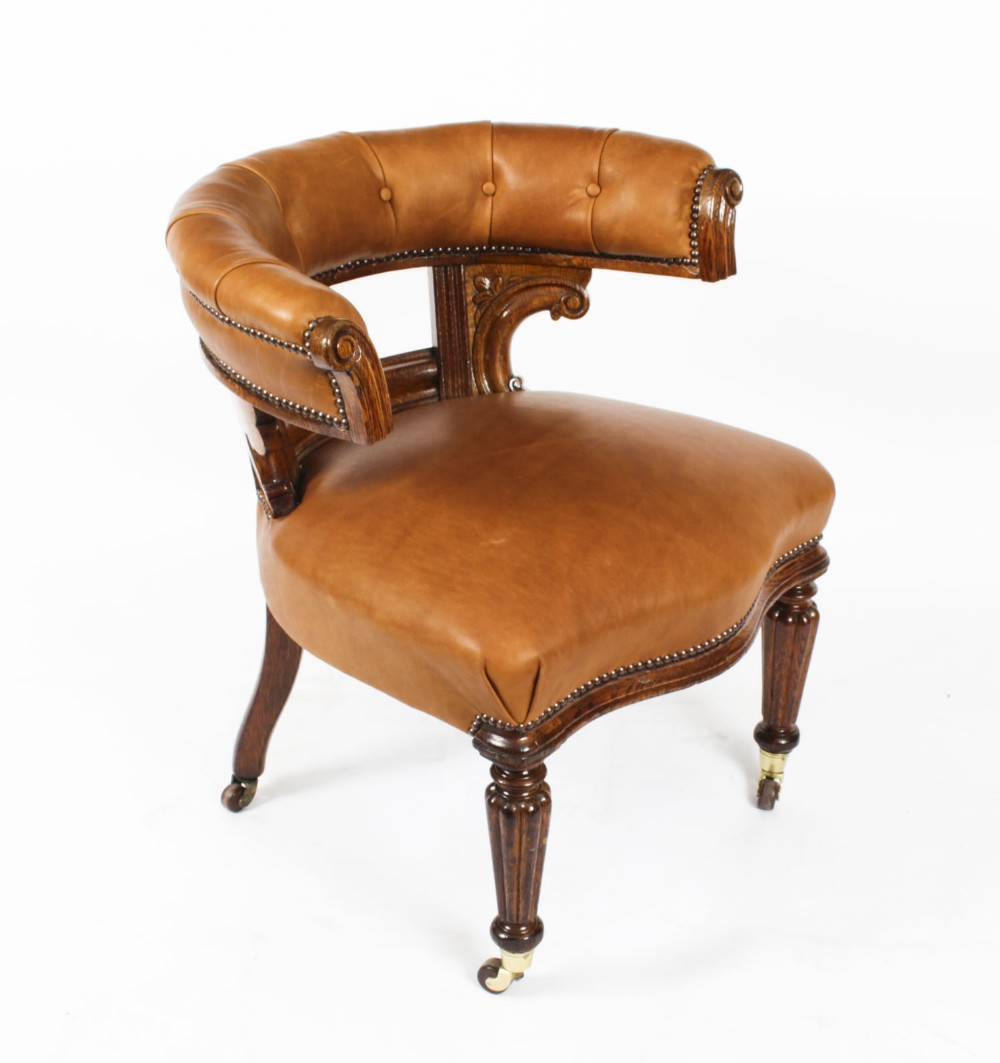 Antique Victorian Oak & Leather Desk Chair Tub Chair c.1880
