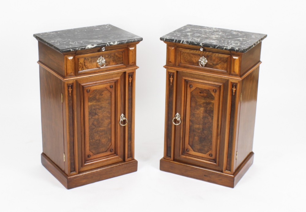 Antique Pair French Bedside Cabinets Marble Tops 19thC
