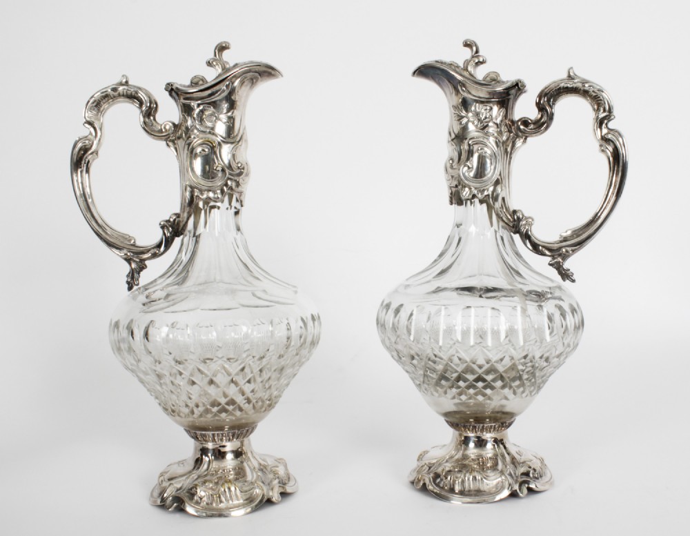 Antique Pair Victorian Silver Plated and Cut Crystal Claret Jugs 19th C
