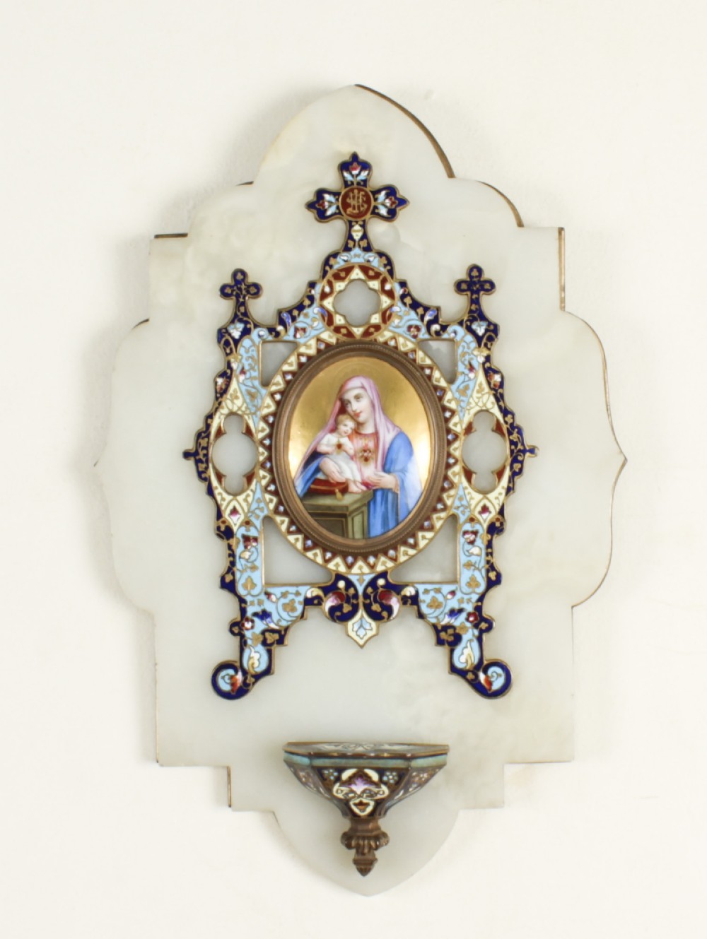 Antique French Onyx and Cloisonne' Ename Holy Water Font Stoop 19thC