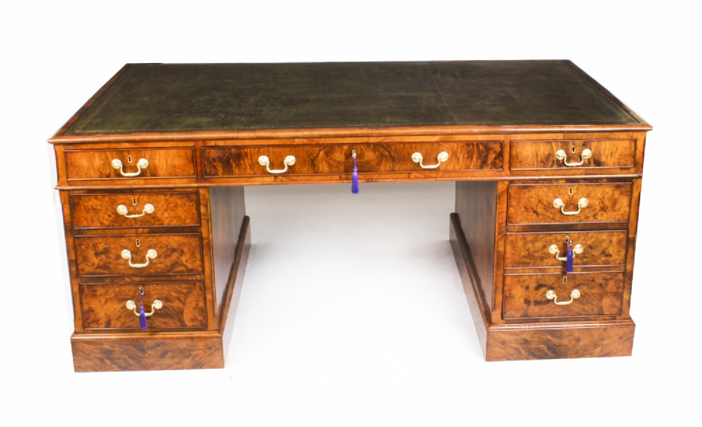 Antique Victorian Burr Walnut Partners Pedestal Desk 19th C
