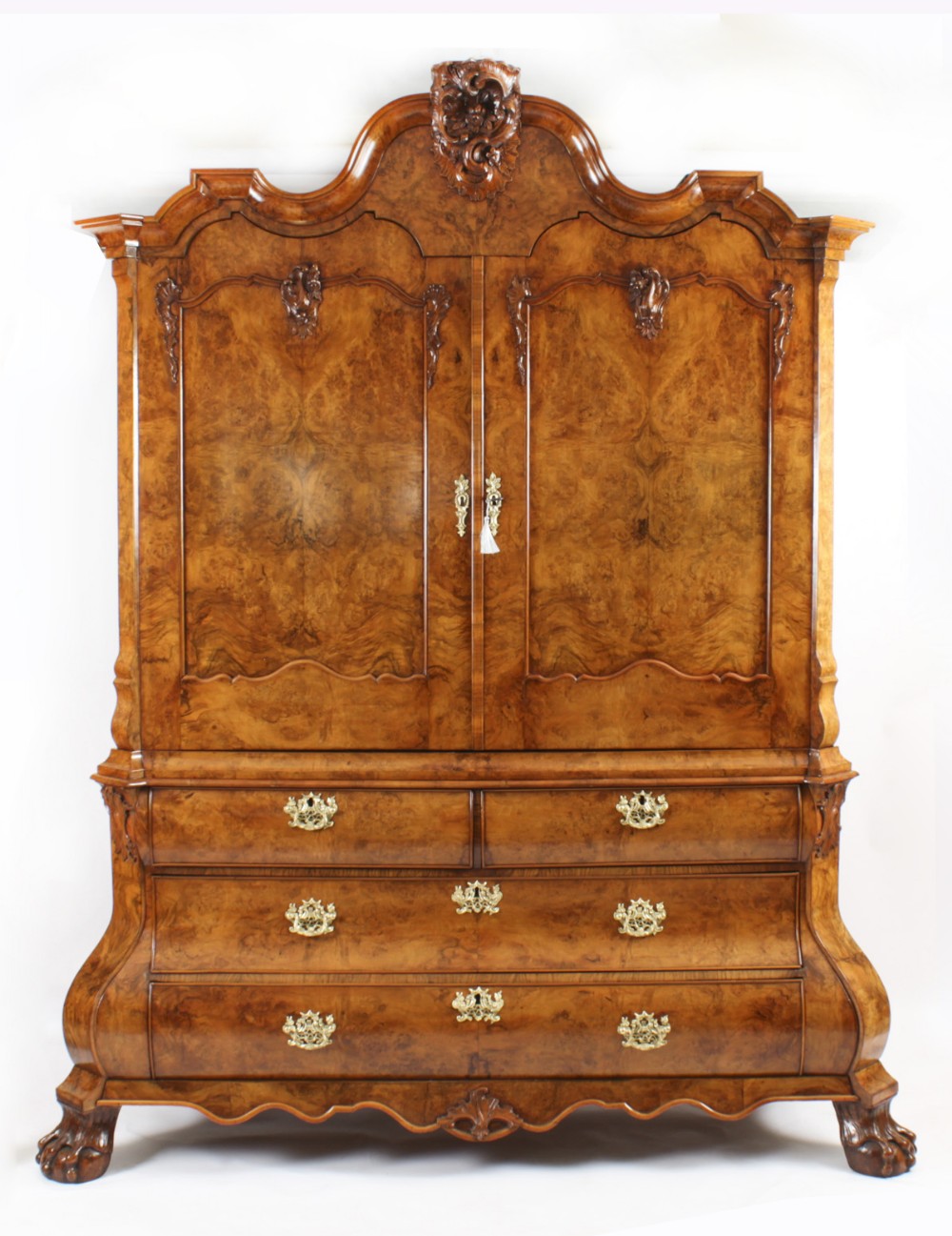 Antique Dutch Burr Walnut Bombé Cabinet Armoire 18th Century
