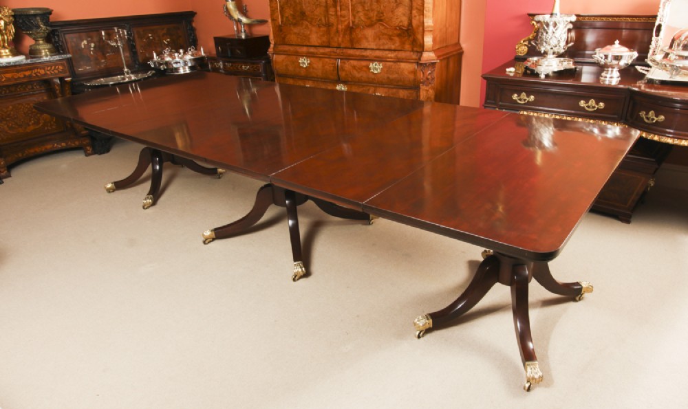 Antique 11ft George III Regency Flame Mahogany Triple Pillar Dining Table 19th C

