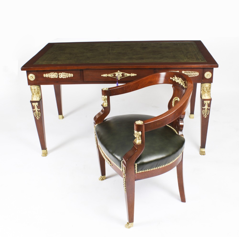 Antique Empire Revival Bureau Plat Desk Writing Table & Armchair 19th C
