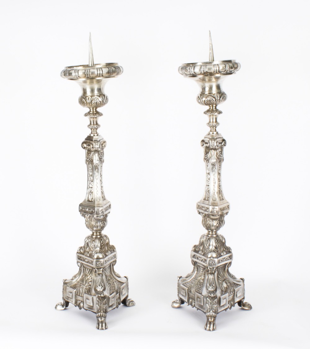 Antique Pair Large Baroque Silver Plated Ecclesiastical Candlesticks 19th C
