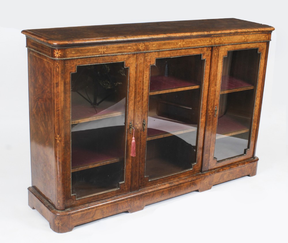 Antique Victorian Burr Walnut 3 Door Credenza Sideboard Bookcase 19th C
