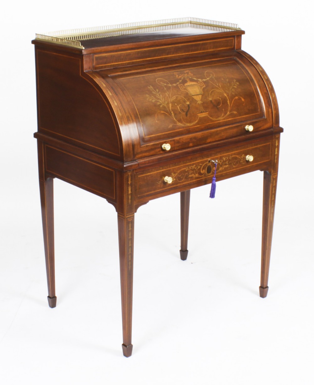 Antique Victorian Inlaid Mahogany Cylinder Bureau Desk 19th Century
