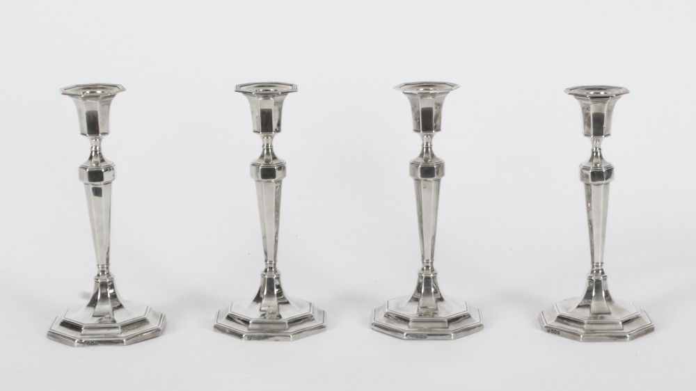 Antique Set 4 Sterling Silver Candlesticks by Hawkesworth Eyre & Co 1920
