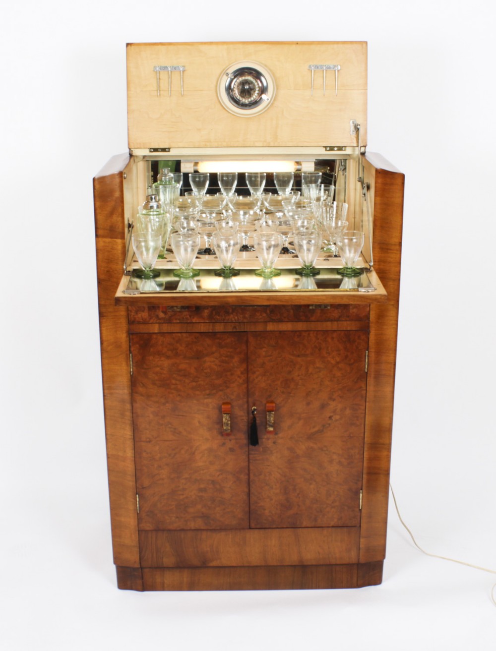 Antique Art Deco Burr Walnut Cocktail Cabinet Dry Bar & Glassware c.1920
