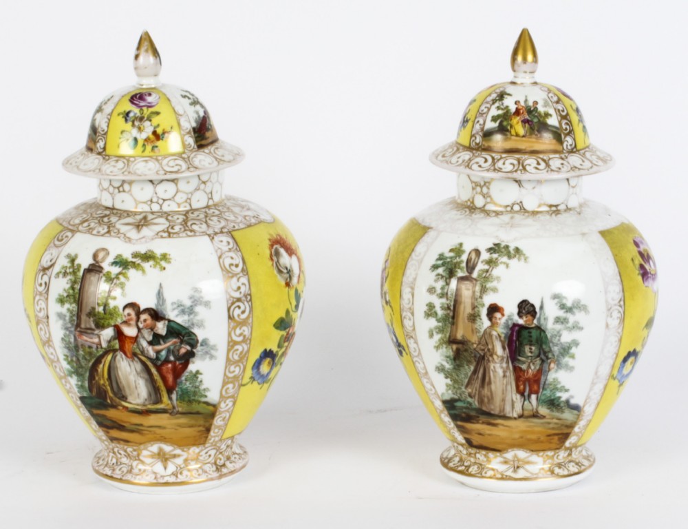 Antique Pair Dresden Lidded Porcelain Vases & Covers Circa 1900
