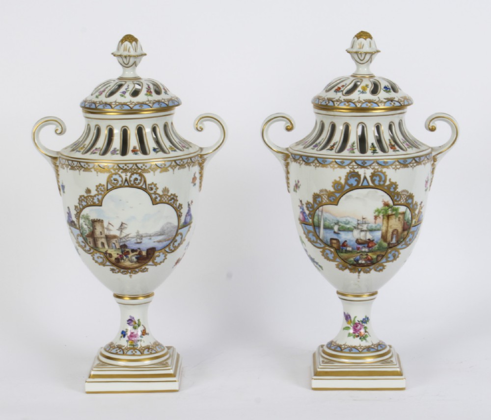 Antique Pair Dresden Porcelain Pot Pourri Lidded Vases Circa 1920 20th C
