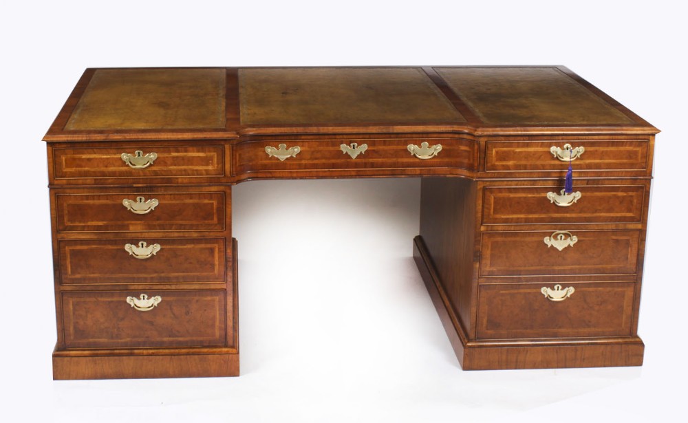 Antique 6ft Burr Walnut Partners Pedestal Desk 20th Century
