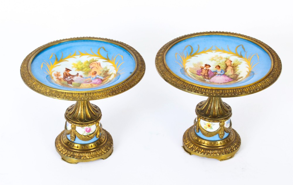 Antique Pair French Ormolu Mounted Sevres Porcelain Tazzas 19th C
