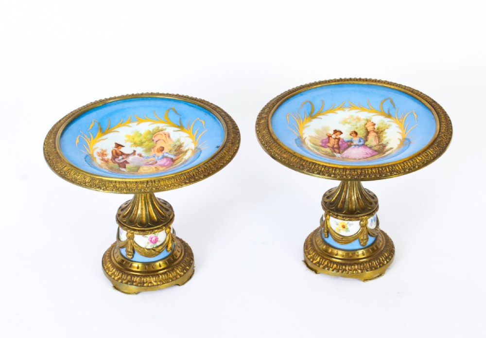 Antique Pair French Ormolu Mounted Sevres Porcelain Tazzas 19th C
 View II