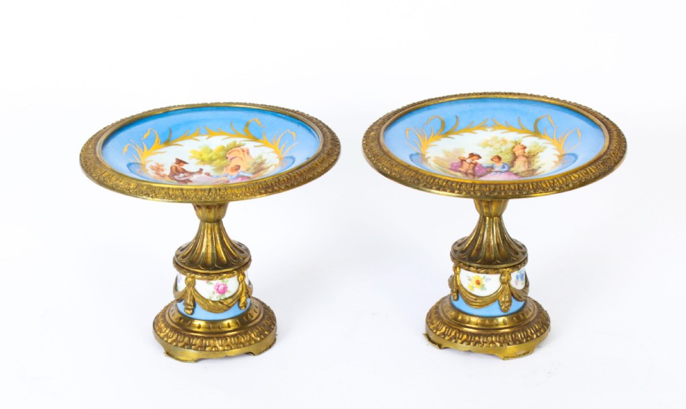 Antique Pair French Ormolu Mounted Sevres Porcelain Tazzas 19th C
 View III