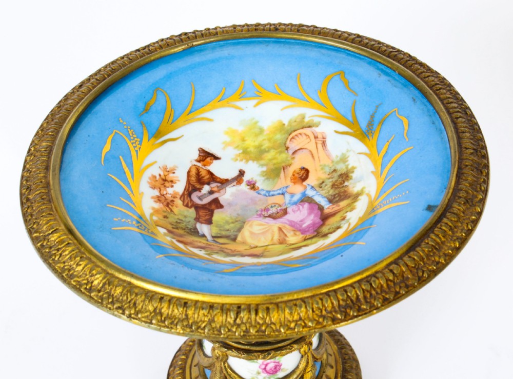 Antique Pair French Ormolu Mounted Sevres Porcelain Tazzas 19th C
 View V