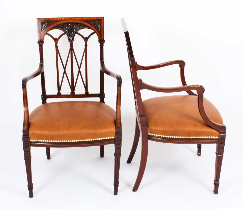 Antique Pair Sheraton Revival Satinwood Banded Arm Chairs 19th Century
 View II