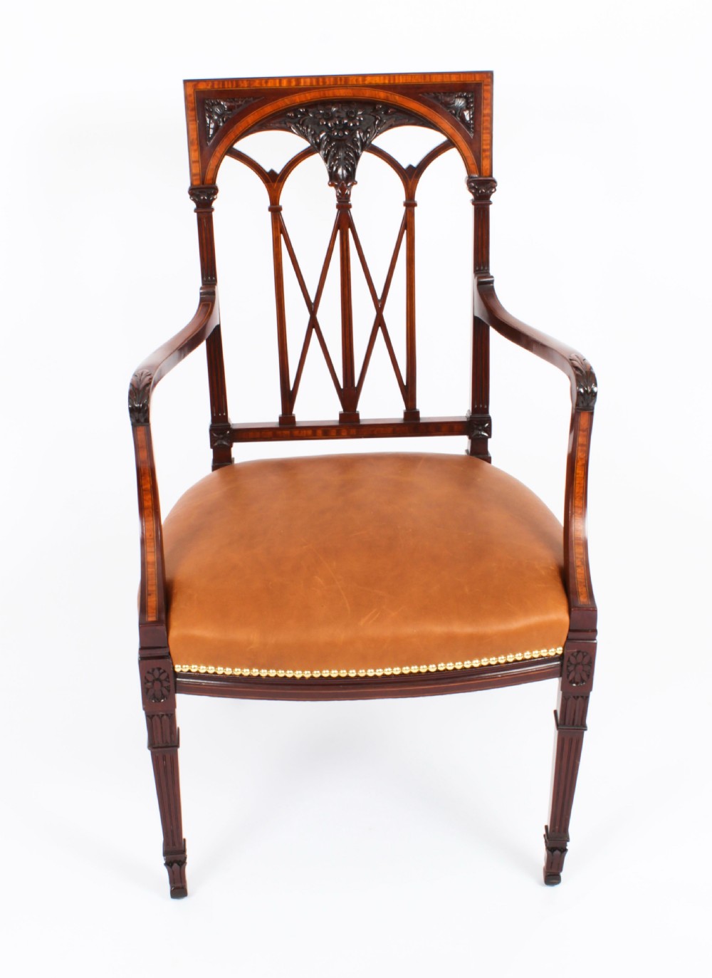 Antique Pair Sheraton Revival Satinwood Banded Arm Chairs 19th Century
 View IV