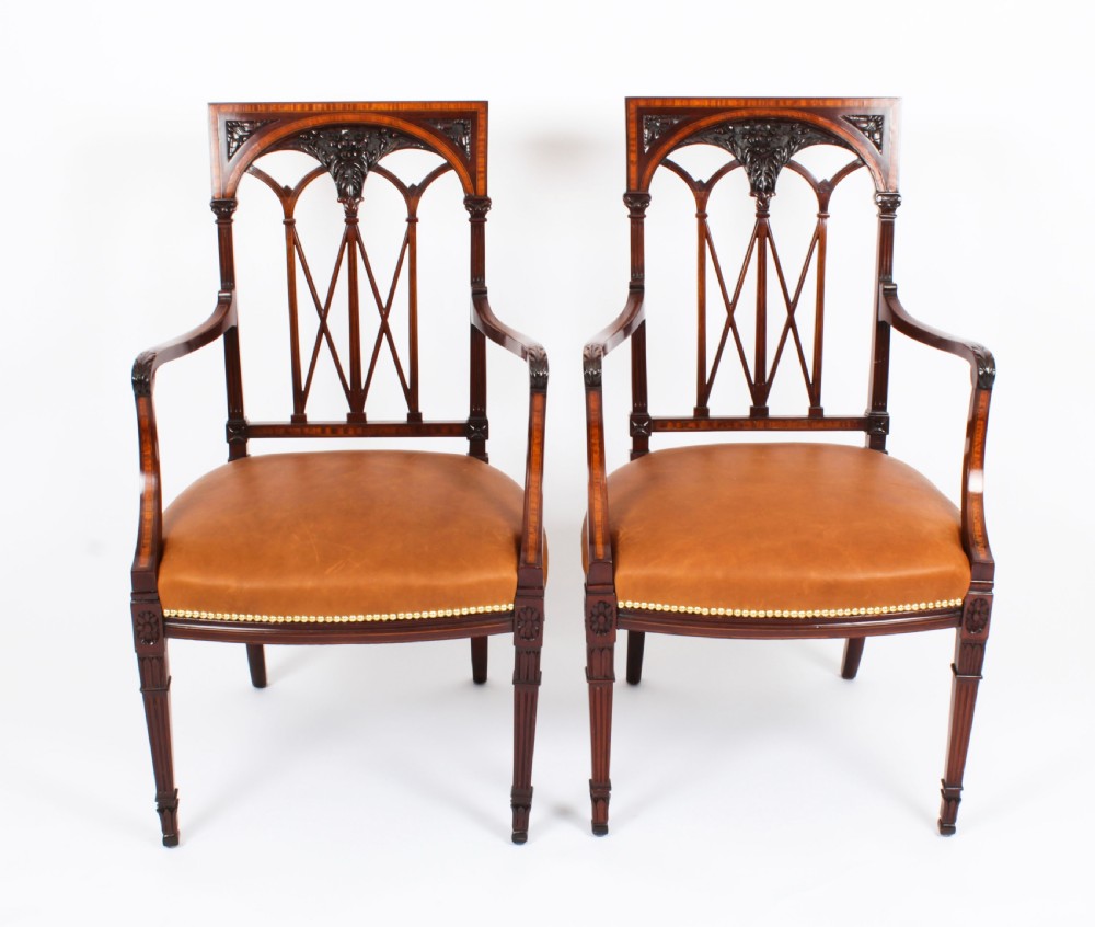 Antique Pair Sheraton Revival Satinwood Banded Arm Chairs 19th Century
 View XX