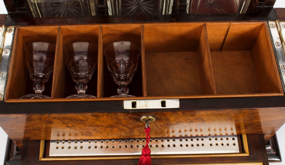 Antique Victorian Burr Walnut Three Crystal Decanter Tantalus Dry Bar 19th C
 View VII