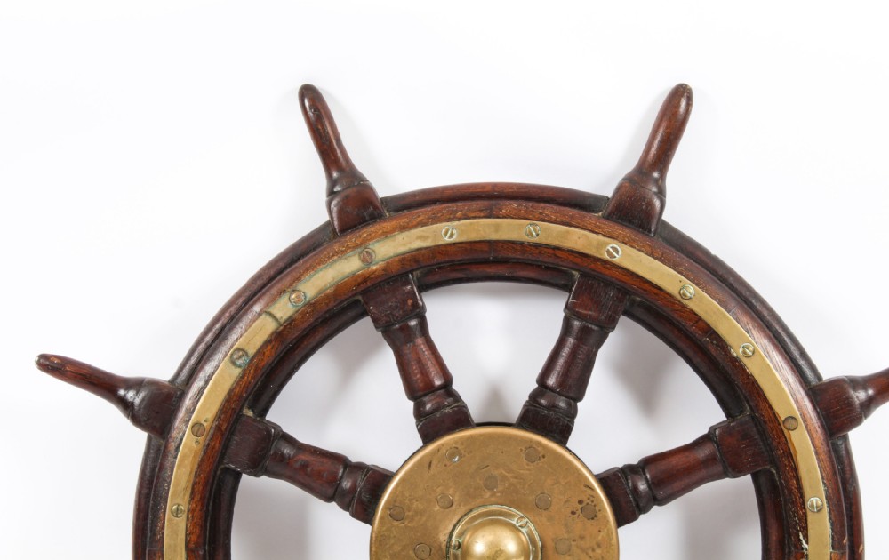Antique 74cm Oak and Brass Set 8-Spoke Ships Wheel C 1880 19th Century
 View III