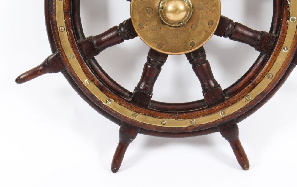 Antique 74cm Oak and Brass Set 8-Spoke Ships Wheel C 1880 19th Century
 View IV