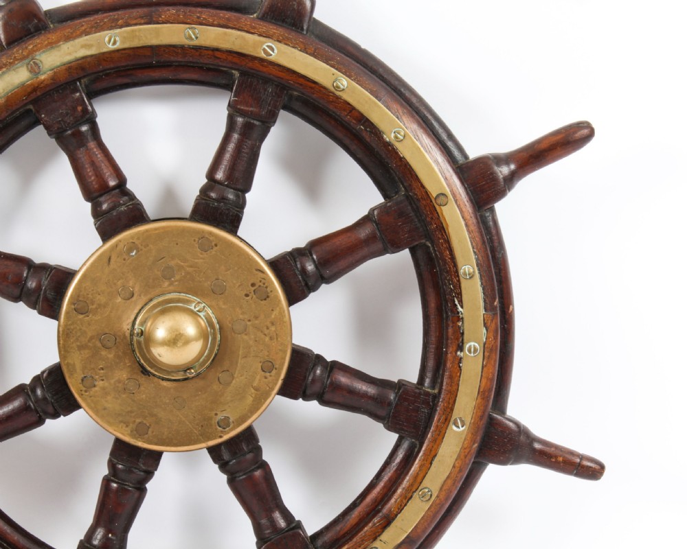 Antique 74cm Oak and Brass Set 8-Spoke Ships Wheel C 1880 19th Century
 View V