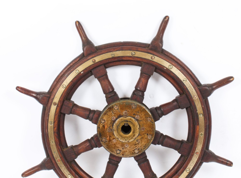 Antique 74cm Oak and Brass Set 8-Spoke Ships Wheel C 1880 19th Century
 View X