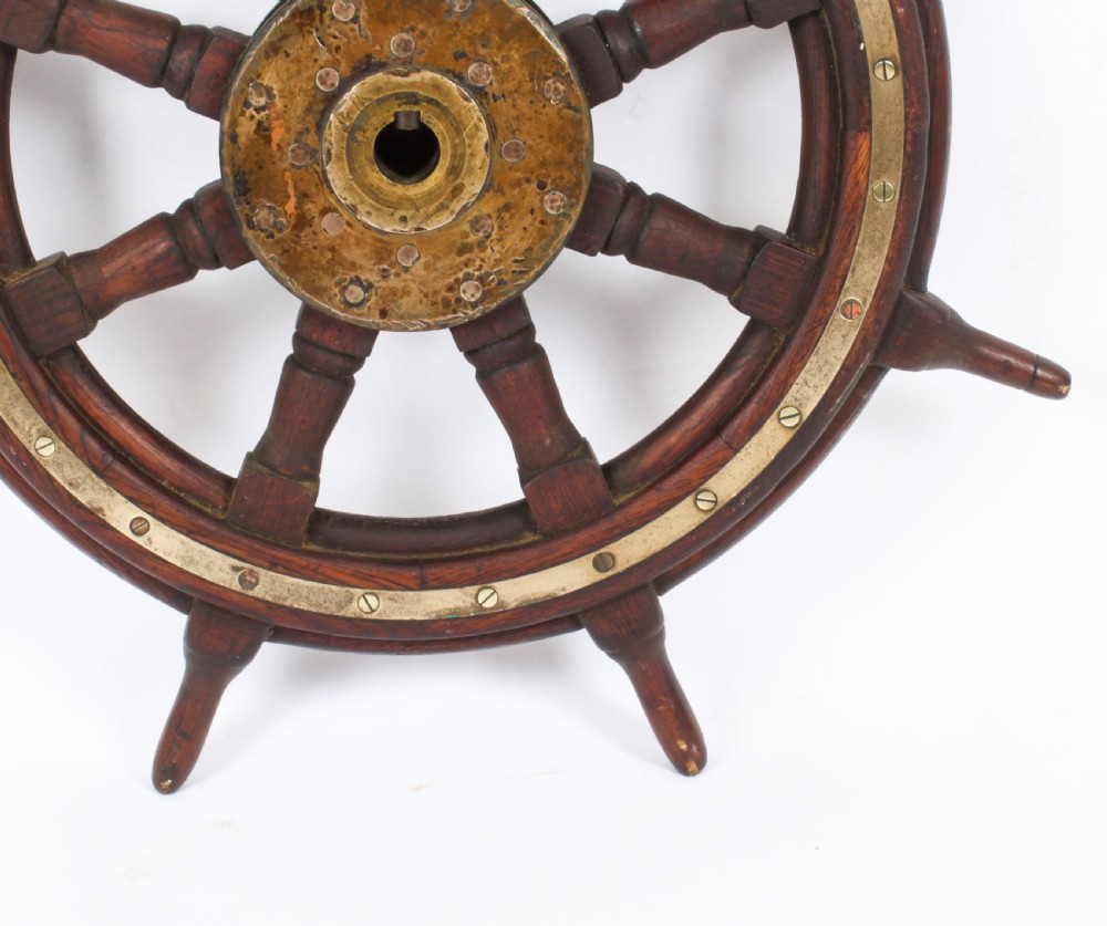 Antique 74cm Oak and Brass Set 8-Spoke Ships Wheel C 1880 19th Century
 View XII