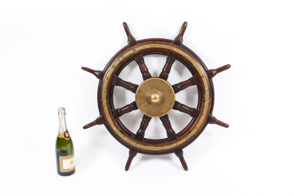 Antique 74cm Oak and Brass Set 8-Spoke Ships Wheel C 1880 19th Century
 View XIII