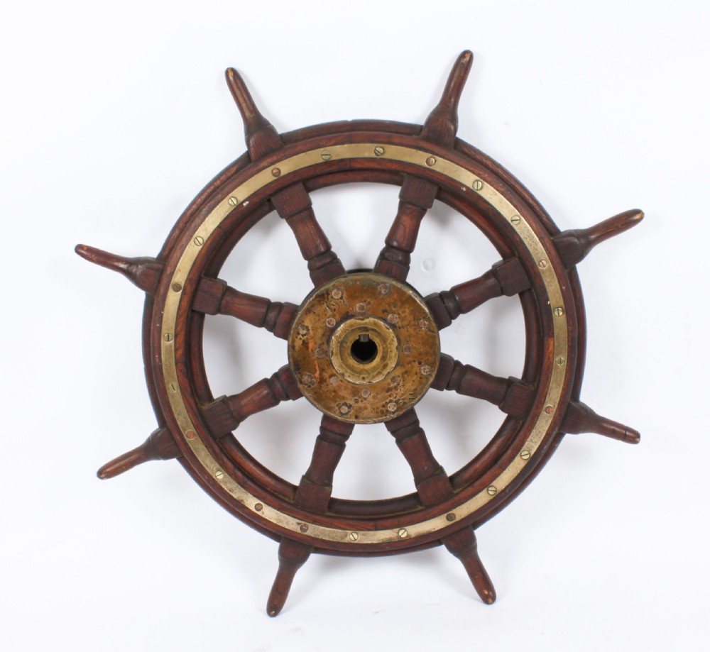Antique 74cm Oak and Brass Set 8-Spoke Ships Wheel C 1880 19th Century
 View XIV